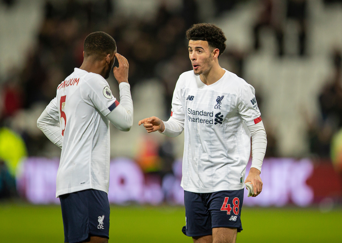 LONDON, ENGLAND - Wednesday, January 29, 2020: Liverpool's Curtis Jones (R) and Georginio Wijnaldum after the FA Premier League match between West Ham United FC and Liverpool FC at the London Stadium. Liverpool won 2-0.  (Pic by David Rawcliffe/Propaganda)