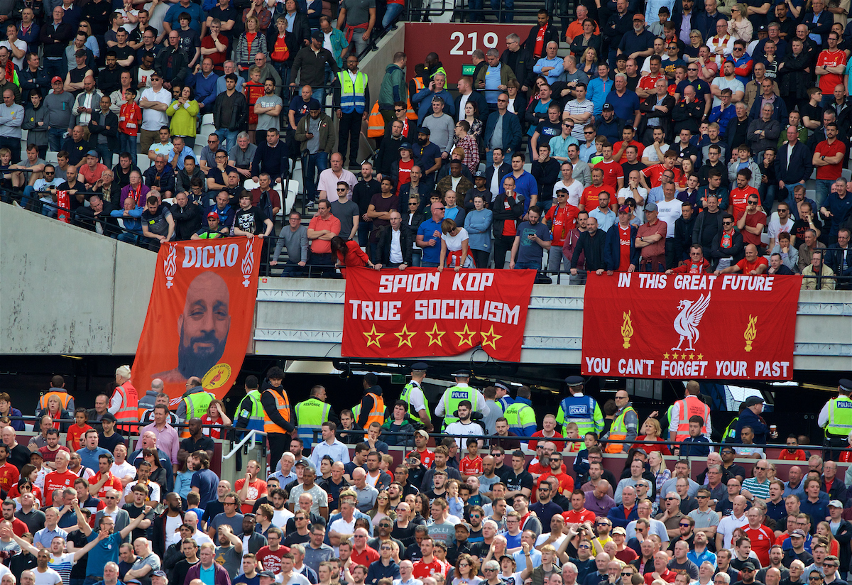 LONDON, ENGLAND - Sunday, May 14, 2017: Liverpool supporters banners "Spion Kop True Socialism" during the FA Premier League match against West Ham United at the London Stadium. (Pic by David Rawcliffe/Propaganda)