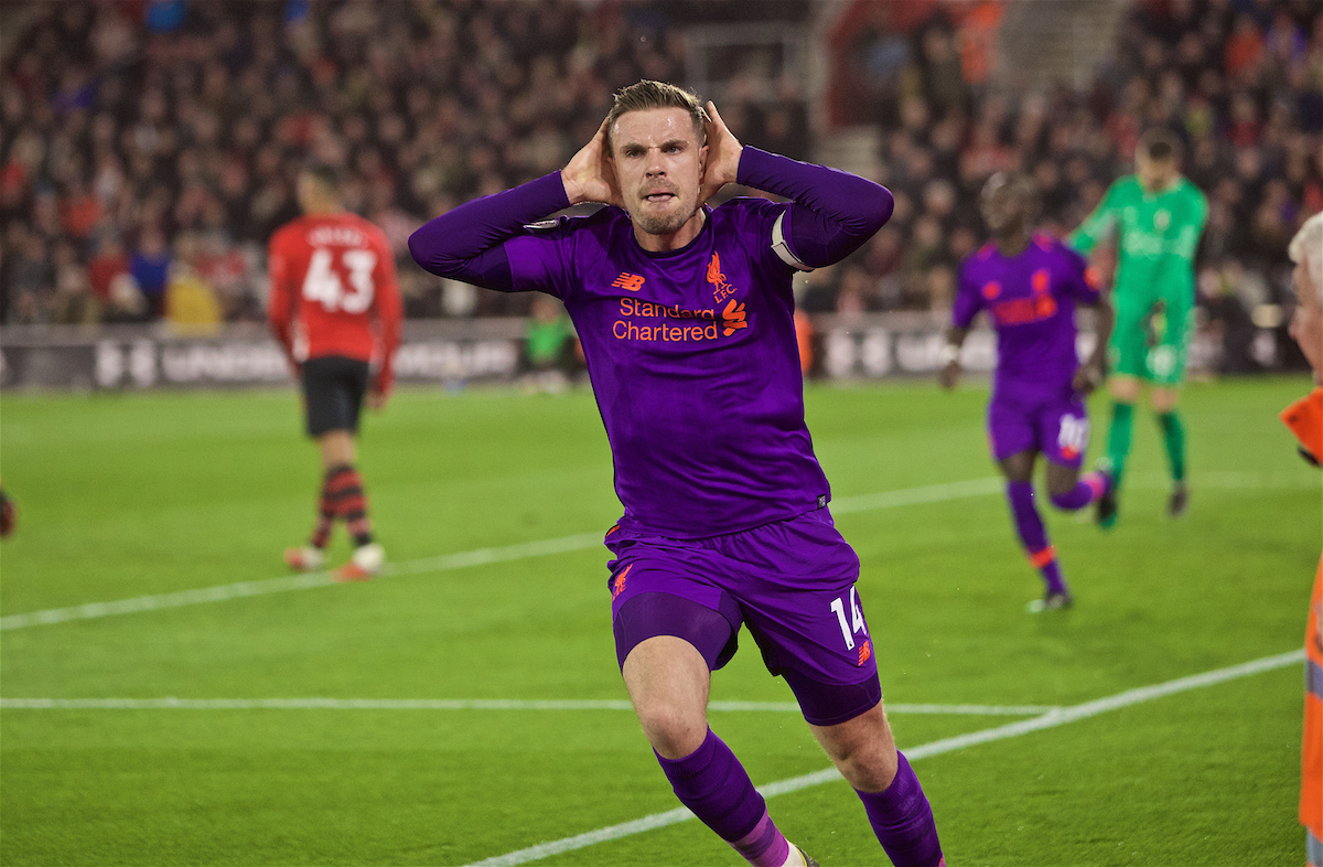 SOUTHAMPTON, ENGLAND - Friday, April 5, 2019: Liverpool's captain Jordan Henderson celebrates scoring the third goal during the FA Premier League match between Southampton FC and Liverpool FC at the St. Mary's Stadium. (Pic by David Rawcliffe/Propaganda)