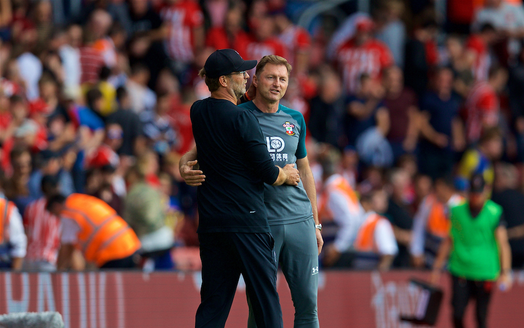 LIVERPOOL, ENGLAND - Saturday, August 17, 2019: Liverpool's manager Jürgen Klopp shakes hands with Southampton's manager Ralph Hasenhüttl at the final whistle after the FA Premier League match between Southampton FC and Liverpool FC at St. Mary's Stadium. (Pic by David Rawcliffe/Propaganda)