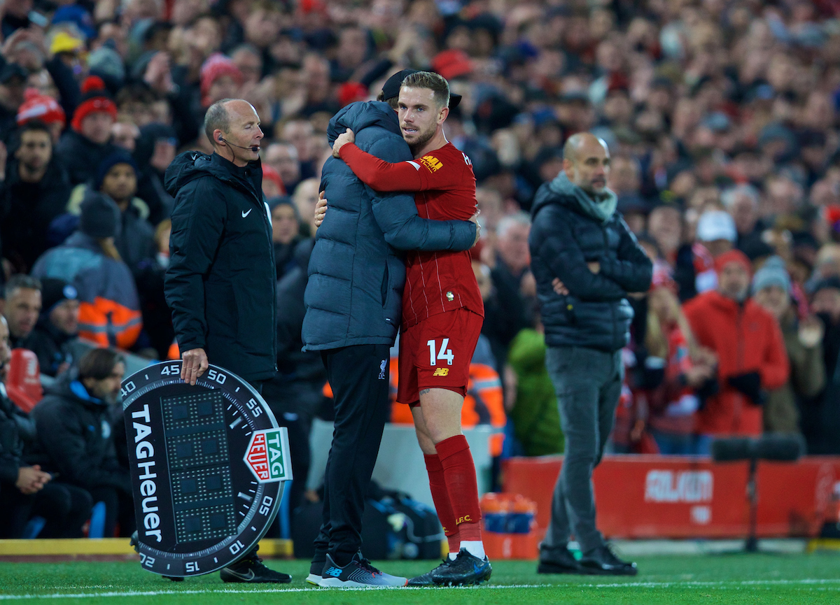LIVERPOOL, ENGLAND - Sunday, November 10, 2019: Liverpool's captain Jordan Henderson embraces manager Jürgen Klopp as he is substituted during the FA Premier League match between Liverpool FC and Manchester City FC at Anfield. (Pic by David Rawcliffe/Propaganda)