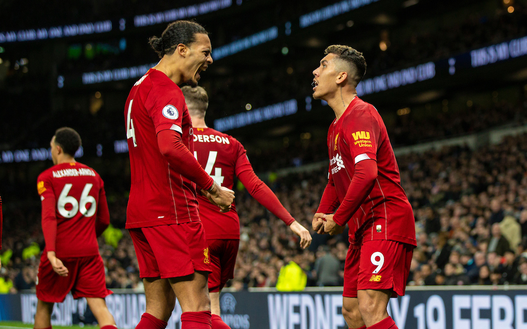 LONDON, ENGLAND - Saturday, January 11, 2020: Liverpool's Roberto Firmino  celebrates after scoring the first goal during the FA Premier League match between Tottenham Hotspur FC and Liverpool FC at the Tottenham Hotspur Stadium. (Pic by David Rawcliffe/Propaganda)