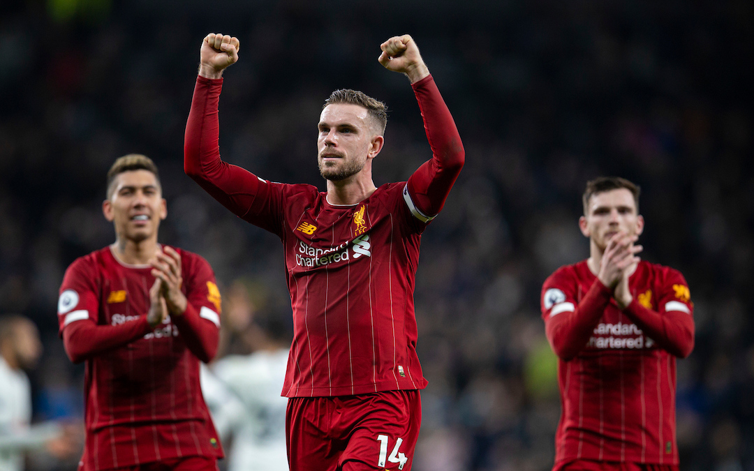 LONDON, ENGLAND - Saturday, January 11, 2020: Liverpool's captain Jordan Henderson celebrates after the FA Premier League match between Tottenham Hotspur FC and Liverpool FC at the Tottenham Hotspur Stadium. Liverpool won 1-0. (Pic by David Rawcliffe/Propaganda)