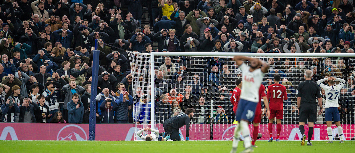 LONDON, ENGLAND - Saturday, January 11, 2020: Tottenham Hotspur supporters react as they see their team miss a chance  during the FA Premier League match between Tottenham Hotspur FC and Liverpool FC at the Tottenham Hotspur Stadium. (Pic by David Rawcliffe/Propaganda)