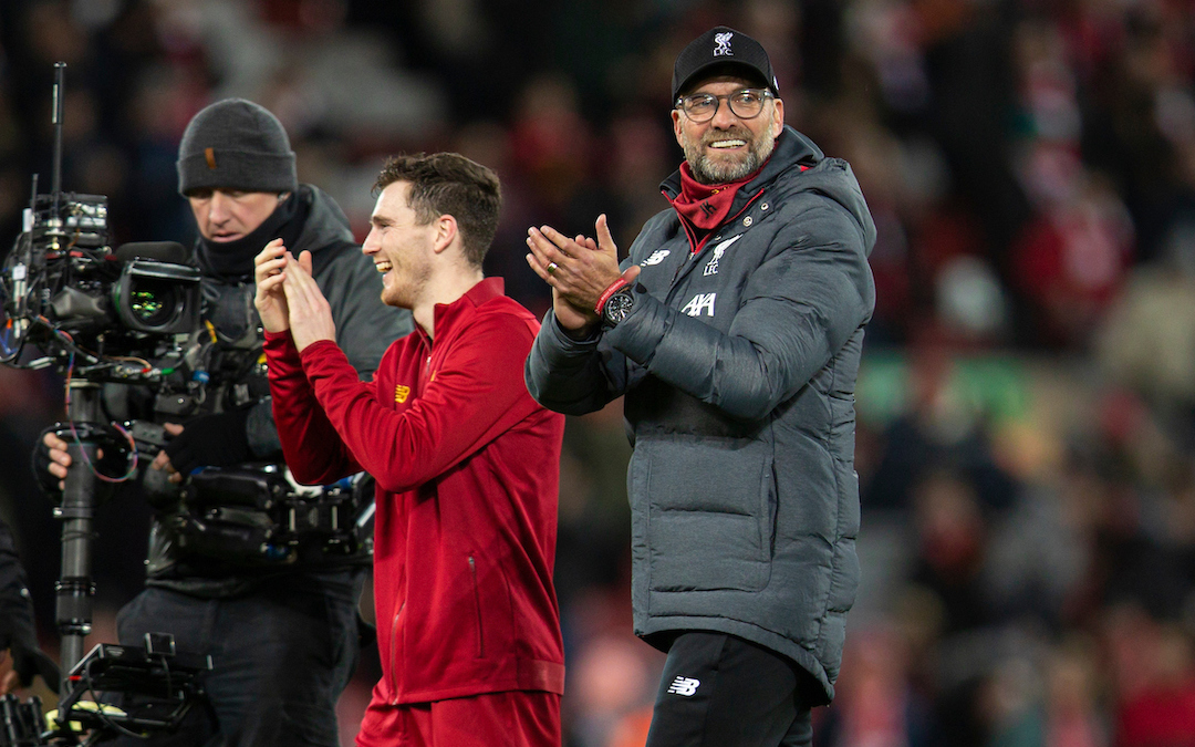 LIVERPOOL, ENGLAND - Thursday, January 2, 2020: Liverpool's manager Jürgen Klopp (R) and Andy Robertson celebrate after the FA Premier League match between Liverpool FC and Sheffield United FC at Anfield. Liverpool won 2-0. (Pic by David Rawcliffe/Propaganda)