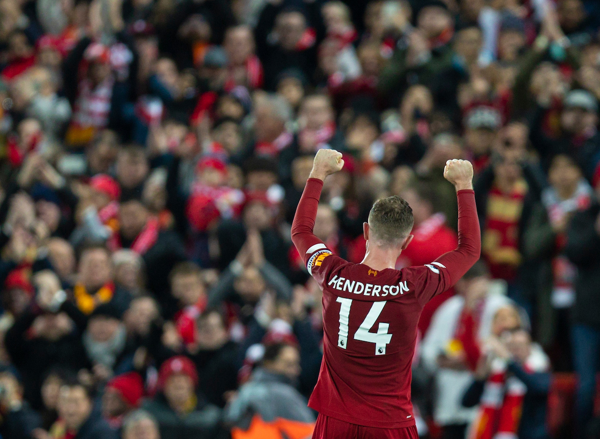 LIVERPOOL, ENGLAND - Thursday, January 2, 2020: Liverpool's captain Jordan Henderson celebrates after the FA Premier League match between Liverpool FC and Sheffield United FC at Anfield. Liverpool won 2-0. (Pic by David Rawcliffe/Propaganda)