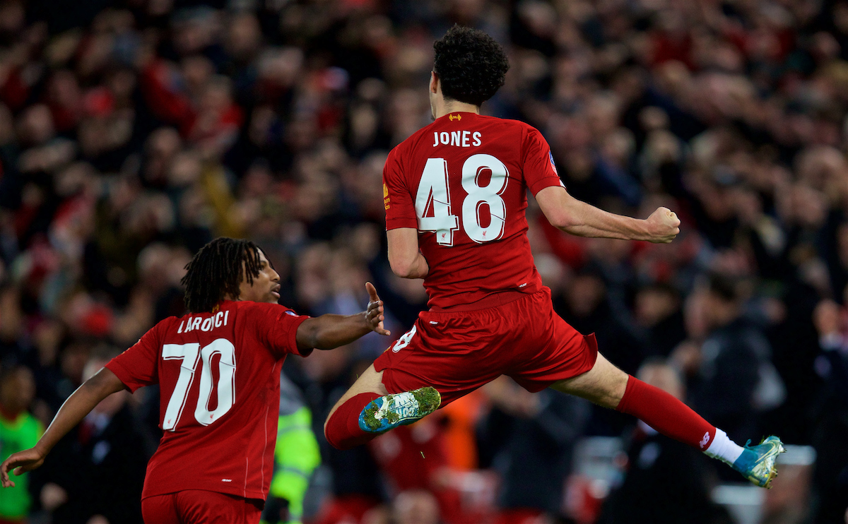 LIVERPOOL, ENGLAND - Sunday, January 5, 2020: Liverpool's Curtis Jones celebrates scoring the first goal during the FA Cup 3rd Round match between Liverpool FC and Everton FC, the 235th Merseyside Derby, at Anfield. (Pic by David Rawcliffe/Propaganda)