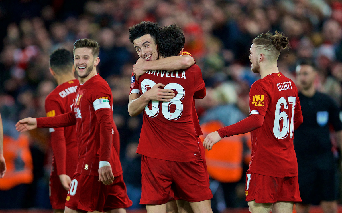 LIVERPOOL, ENGLAND - Sunday, January 5, 2020: Liverpool's Curtis Jones celebrates scoring the first goal with team-mate Pedro Chirivella during the FA Cup 3rd Round match between Liverpool FC and Everton FC, the 235th Merseyside Derby, at Anfield. (Pic by David Rawcliffe/Propaganda)