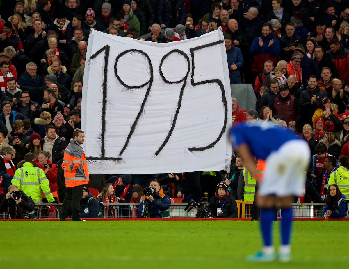 LIVERPOOL, ENGLAND - Sunday, January 5, 2020: Liverpool supporters hold up a banner "1995" - the last time Everton won a trophy - after knocking them out of the FA Cup with a 1-0 victory during the FA Cup 3rd Round match between Liverpool FC and Everton FC, the 235th Merseyside Derby, at Anfield. (Pic by David Rawcliffe/Propaganda)