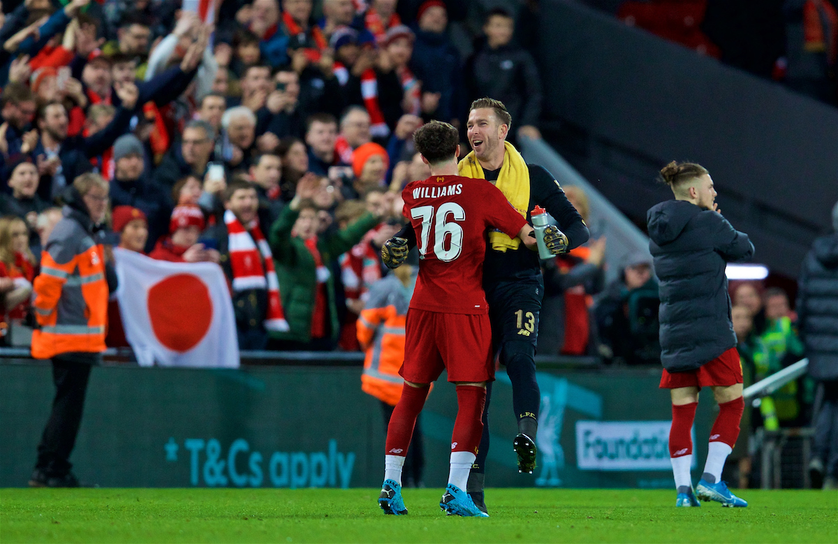 LIVERPOOL, ENGLAND - Sunday, January 5, 2020: Liverpool's goalkeeper Adrián San Miguel del Castillo (R) celebrates with Neco Williams at the final whistle during the FA Cup 3rd Round match between Liverpool FC and Everton FC, the 235th Merseyside Derby, at Anfield. Liverpool won 1-0. (Pic by David Rawcliffe/Propaganda)