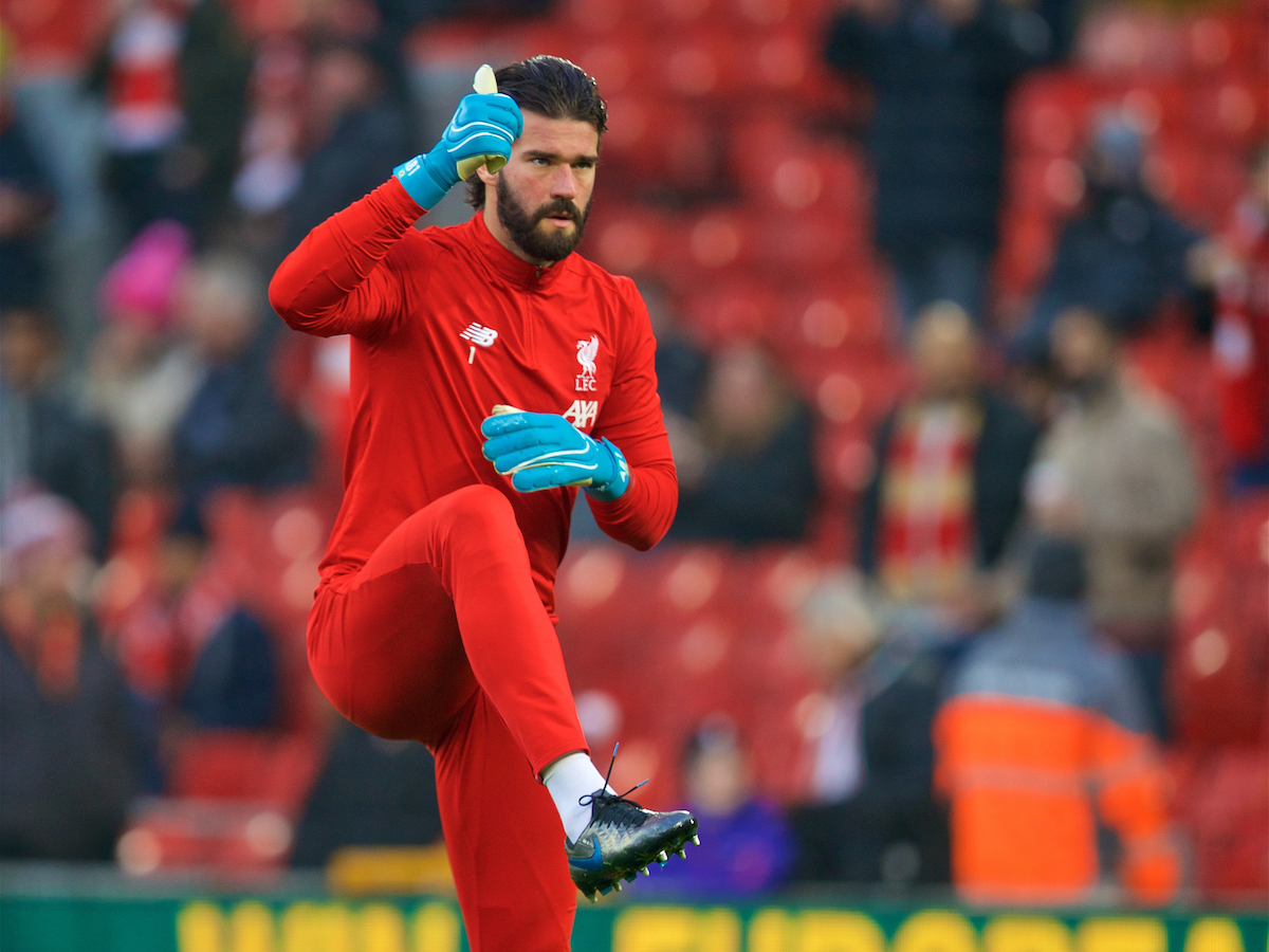 LIVERPOOL, ENGLAND - Sunday, January 19, 2020: Liverpool's goalkeeper Alisson Becker during the pre-match warm-up before the FA Premier League match between Liverpool FC and Manchester United FC at Anfield. (Pic by David Rawcliffe/Propaganda)