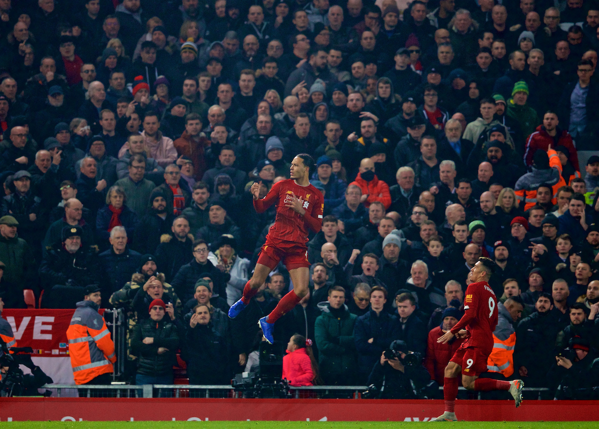LIVERPOOL, ENGLAND - Sunday, January 19, 2020: Liverpool's Virgil van Dijk celebrates scoring the first goal during the FA Premier League match between Liverpool FC and Manchester United FC at Anfield. (Pic by David Rawcliffe/Propaganda)