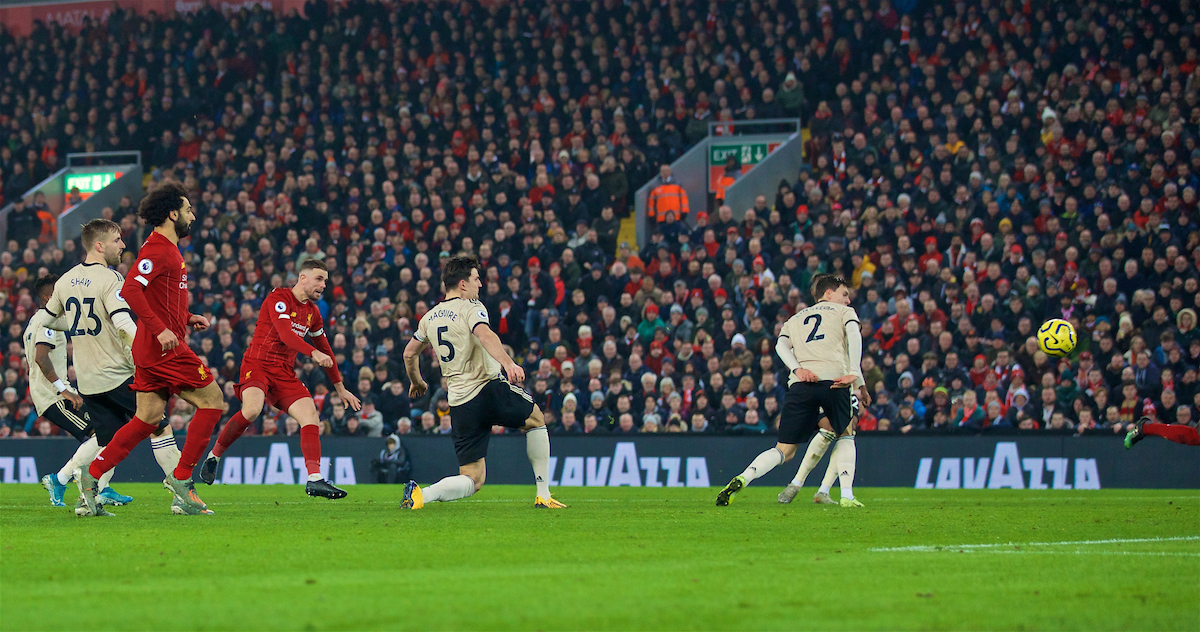 LIVERPOOL, ENGLAND - Sunday, January 19, 2020: Liverpool's captain Jordan Henderson hits the post during the FA Premier League match between Liverpool FC and Manchester United FC at Anfield. (Pic by David Rawcliffe/Propaganda)