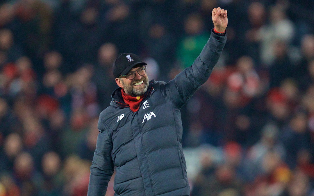 LIVERPOOL, ENGLAND - Sunday, January 19, 2020: Liverpool's manager Jürgen Klopp celebrates after the FA Premier League match between Liverpool FC and Manchester United FC at Anfield. Liverpool won 2-0. (Pic by David Rawcliffe/Propaganda)