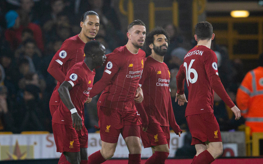 WOLVERHAMPTON, ENGLAND - Thursday, January 23, 2020: Liverpool's captain Jordan Henderson celebrates scoring the first goal during the FA Premier League match between Wolverhampton Wanderers FC and Liverpool FC at Molineux Stadium. (Pic by David Rawcliffe/Propaganda)