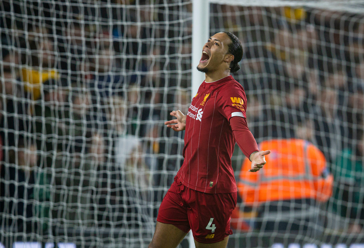 WOLVERHAMPTON, ENGLAND - Thursday, January 23, 2020: Liverpool's Virgil van Dijk celebrates his side's opening goal during the FA Premier League match between Wolverhampton Wanderers FC and Liverpool FC at Molineux Stadium. (Pic by David Rawcliffe/Propaganda)