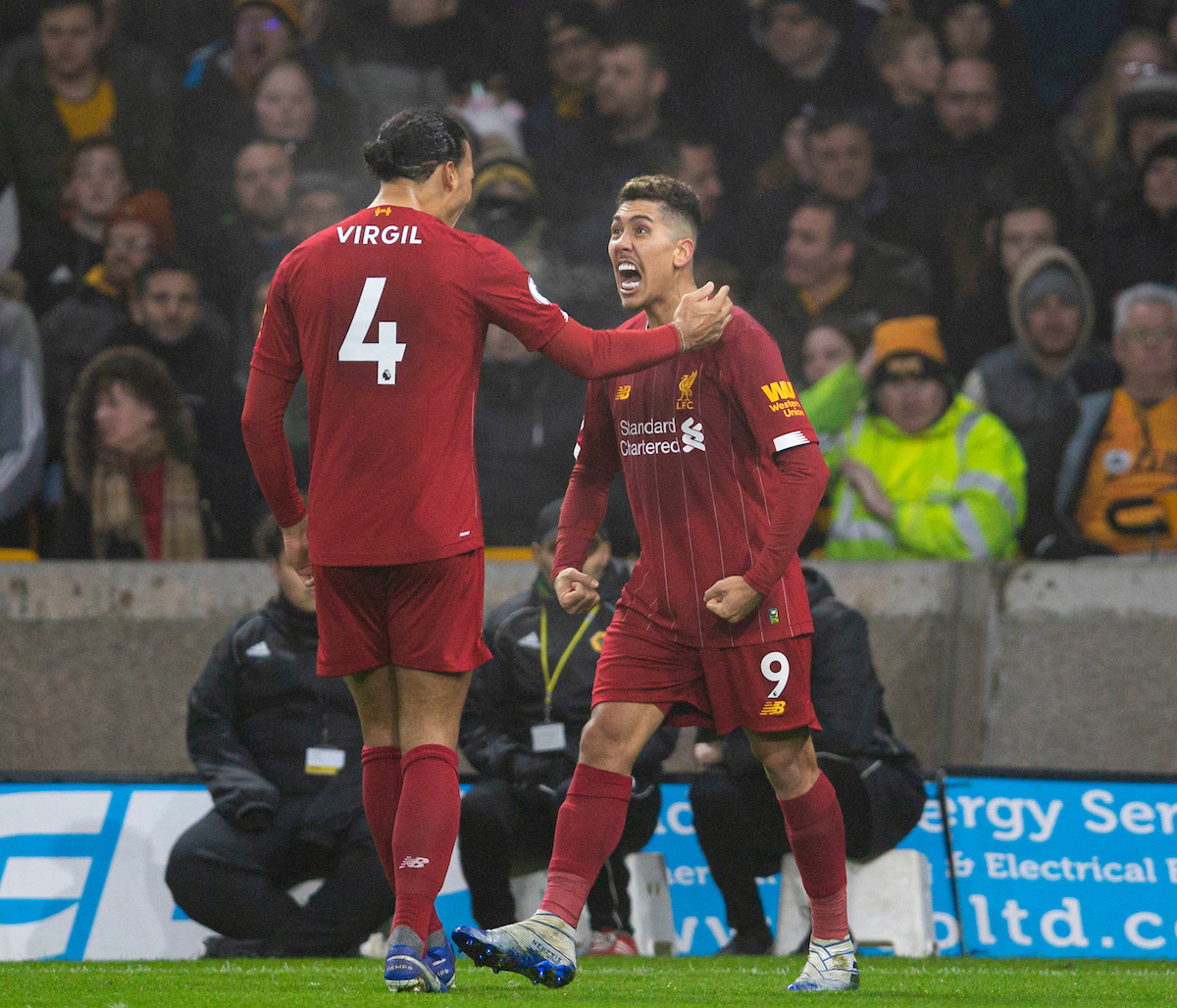WOLVERHAMPTON, ENGLAND - Thursday, January 23, 2020: Liverpool's Roberto Firmino (R) celebrates scoring the second goal with team-mate Virgil van Dijk during the FA Premier League match between Wolverhampton Wanderers FC and Liverpool FC at Molineux Stadium. (Pic by David Rawcliffe/Propaganda)