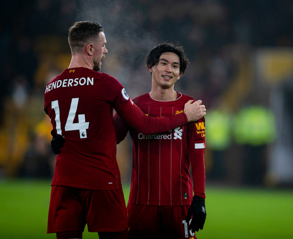 WOLVERHAMPTON, ENGLAND - Thursday, January 23, 2020: Liverpool's Takumi Minamino (R) celebrates with captain Jordan Henderson after the FA Premier League match between Wolverhampton Wanderers FC and Liverpool FC at Molineux Stadium. Liverpool wom 2-1. (Pic by David Rawcliffe/Propaganda)