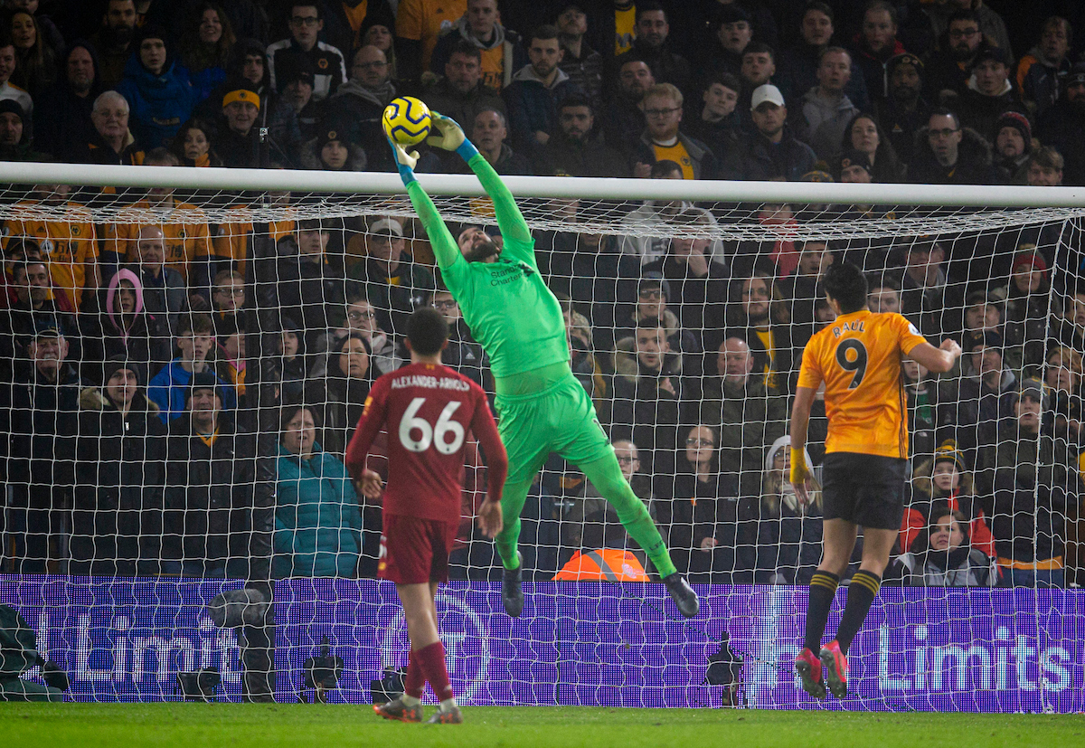 WOLVERHAMPTON, ENGLAND - Thursday, January 23, 2020: Liverpool's goalkeeper Alisson Becker during the FA Premier League match between Wolverhampton Wanderers FC and Liverpool FC at Molineux Stadium. (Pic by David Rawcliffe/Propaganda)