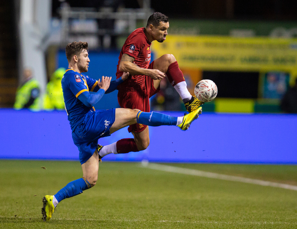 SHREWSBURY, ENGLAND - Sunday, January 26, 2020: Liverpool's Dejan Lovren (R) and Shrewsbury Town's Callum Lang during the FA Cup 4th Round match between Shrewsbury Town FC and Liverpool FC at the New Meadow. (Pic by David Rawcliffe/Propaganda)