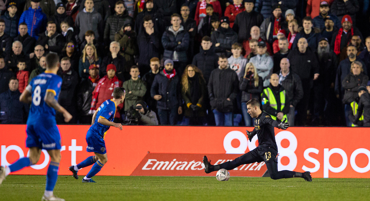 SHREWSBURY, ENGLAND - Sunday, January 26, 2020: Liverpool's goalkeeper Adrián San Miguel del Castillo makes a save during the FA Cup 4th Round match between Shrewsbury Town FC and Liverpool FC at the New Meadow. (Pic by David Rawcliffe/Propaganda)