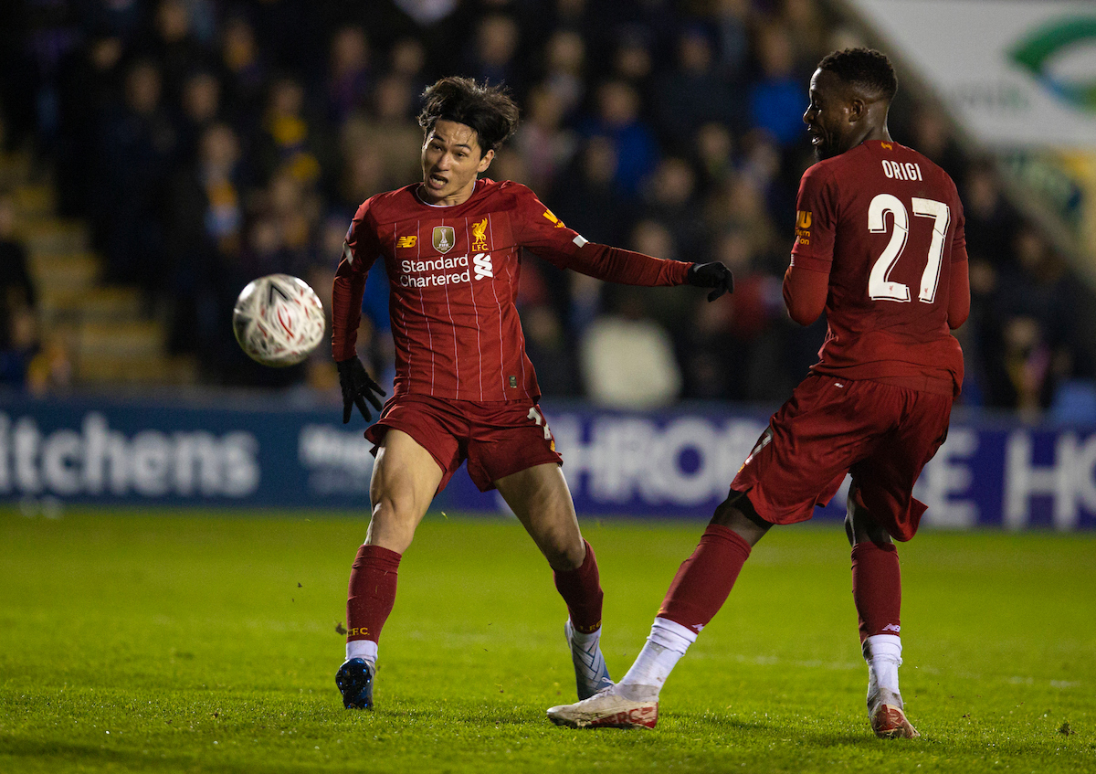 SHREWSBURY, ENGLAND - Sunday, January 26, 2020: Liverpool's Takumi Minamino sees his shot go over the bar during the FA Cup 4th Round match between Shrewsbury Town FC and Liverpool FC at the New Meadow. (Pic by David Rawcliffe/Propaganda)