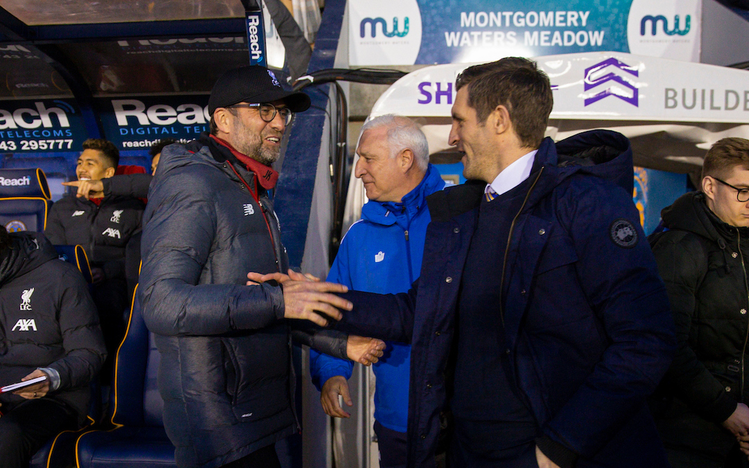 SHREWSBURY, ENGLAND - Sunday, January 26, 2020: Liverpool's manager Jürgen Klopp (L) and Shrewsbury Town's manager Sam Ricketts shake hands before the FA Cup 4th Round match between Shrewsbury Town FC and Liverpool FC at the New Meadow. (Pic by David Rawcliffe/Propaganda)