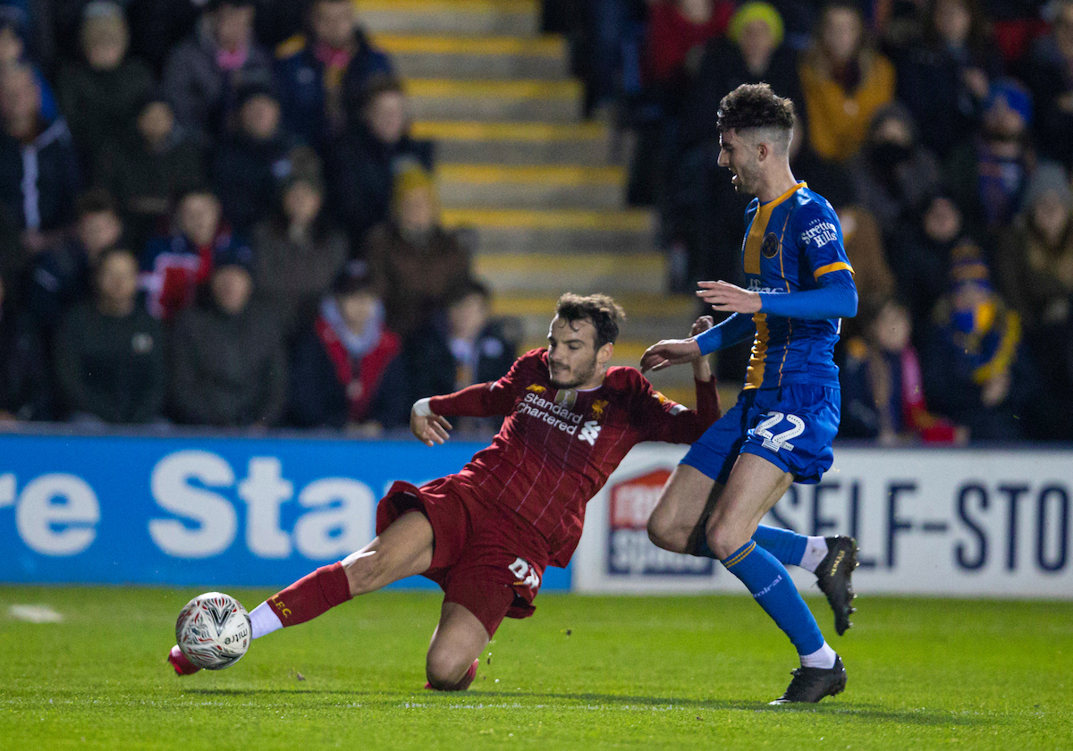 SHREWSBURY, ENGLAND - Sunday, January 26, 2020: Liverpool's Pedro Chirivella during the FA Cup 4th Round match between Shrewsbury Town FC and Liverpool FC at the New Meadow. (Pic by David Rawcliffe/Propaganda)