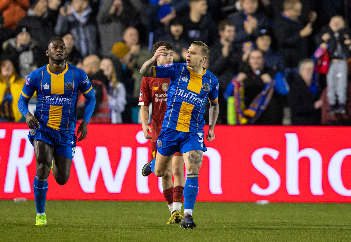 SHREWSBURY, ENGLAND - Sunday, January 26, 2020: Shrewsbury Town's Jason Cummings celebrates after scoring his side's first goal from a penalty-kick during the FA Cup 4th Round match between Shrewsbury Town FC and Liverpool FC at the New Meadow. (Pic by David Rawcliffe/Propaganda)