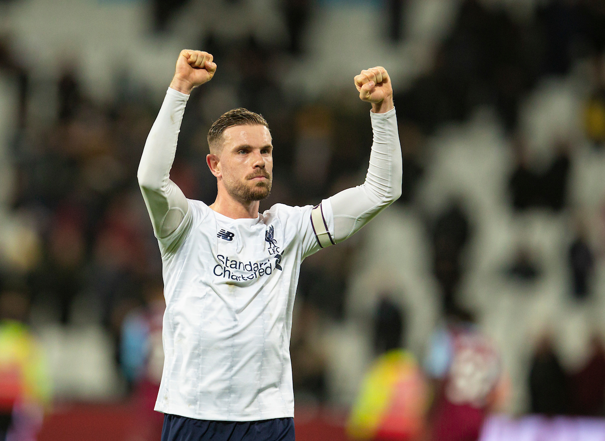 LONDON, ENGLAND - Wednesday, January 29, 2020: Liverpool's captain Jordan Henderson celebrates after the FA Premier League match between West Ham United FC and Liverpool FC at the London Stadium. Liverpool won 2-0.  (Pic by David Rawcliffe/Propaganda)