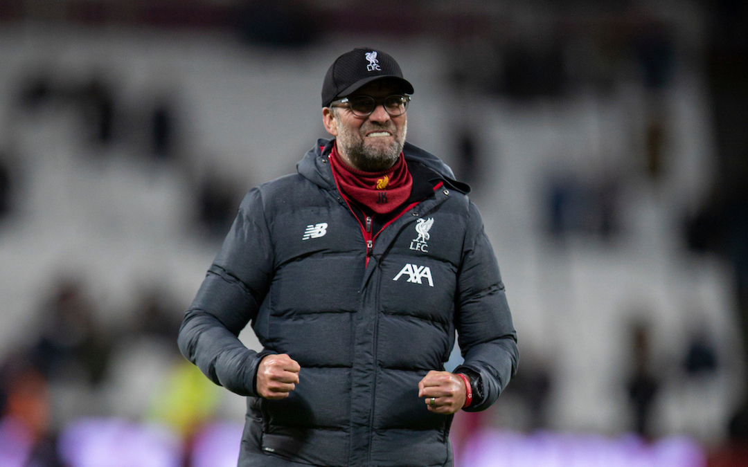 LONDON, ENGLAND - Wednesday, January 29, 2020: Liverpool's manager Jürgen Klopp celebrates after the FA Premier League match between West Ham United FC and Liverpool FC at the London Stadium. Liverpool won 2-0.  (Pic by David Rawcliffe/Propaganda)