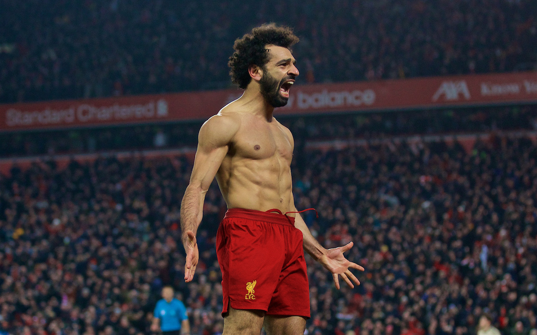 LIVERPOOL, ENGLAND - Sunday, January 19, 2020: Liverpool's Mohamed Salah celebrates scoring the second goal during the FA Premier League match between Liverpool FC and Manchester United FC at Anfield. (Pic by David Rawcliffe/Propaganda)