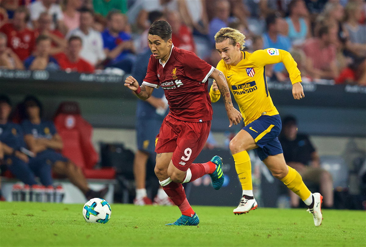 MUNICH, GERMANY - Wednesday, August 2, 2017: Liverpool's Roberto Firmino during the Audi Cup 2017 final match between Liverpool FC and Atlético de Madrid's at the Allianz Arena. (Pic by David Rawcliffe/Propaganda)