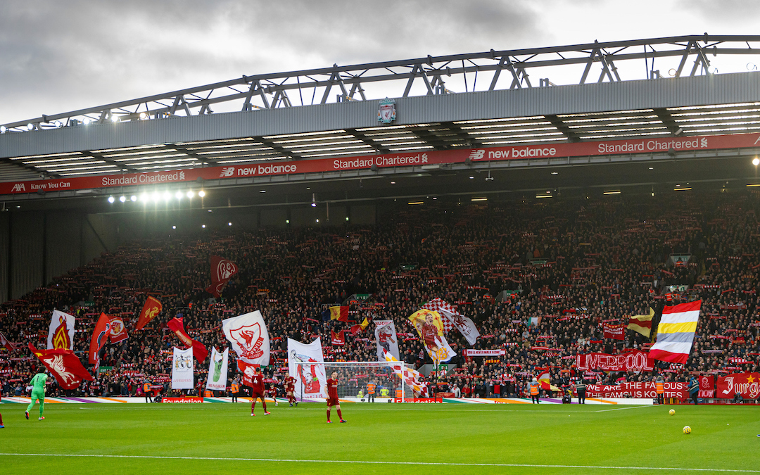 February 1, 2020: Liverpool supporters on the Spion Kop before the FA Premier League match between Liverpool FC and Southampton FC at Anfield.