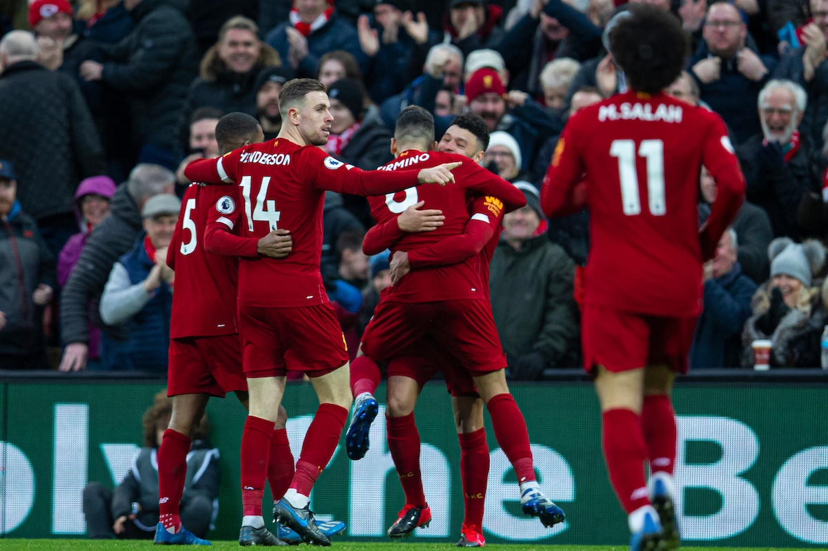 LIVERPOOL, ENGLAND - Saturday, February 1, 2020: Liverpool's Alex Oxlade-Chamberlain (R) celebrates scoring the first goal with team-mate Roberto Firmino during the FA Premier League match between Liverpool FC and Southampton FC at Anfield. (Pic by David Rawcliffe/Propaganda)