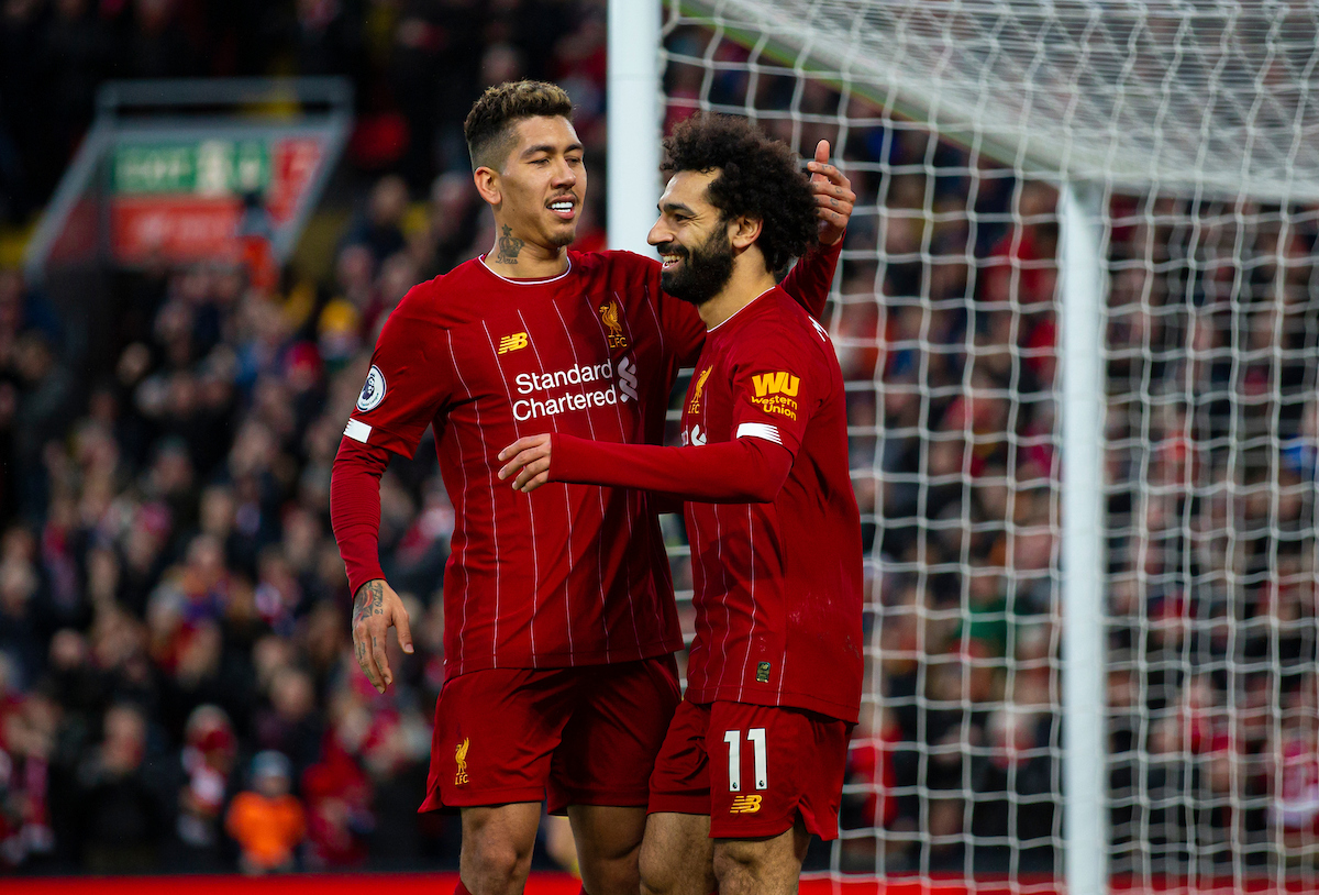 LIVERPOOL, ENGLAND - Saturday, February 1, 2020: Liverpool's Mohamed Salah (R) celebrates scoring the third goal with team-mate Roberto Firmino during the FA Premier League match between Liverpool FC and Southampton FC at Anfield. (Pic by David Rawcliffe/Propaganda)