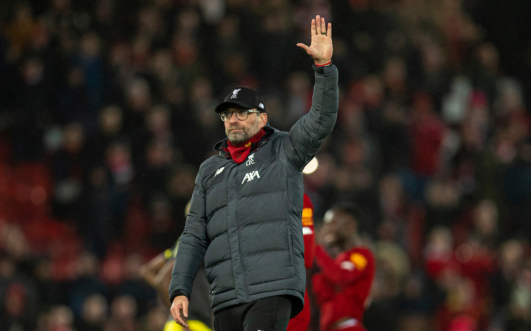 LIVERPOOL, ENGLAND - Saturday, February 1, 2020: Liverpool's manager Jürgen Klopp celebrates after the FA Premier League match between Liverpool FC and Southampton FC at Anfield. Liverpool won 4-0. (Pic by David Rawcliffe/Propaganda)