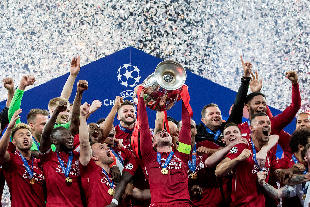 MADRID, SPAIN - SATURDAY, JUNE 1, 2019: Liverpool's captain Jordan Henderson lifts the European Cup following a 2-0 victory in the UEFA Champions League Final match between Tottenham Hotspur FC and Liverpool FC at the Estadio Metropolitano. (Pic by Paul Greenwood/Propaganda)