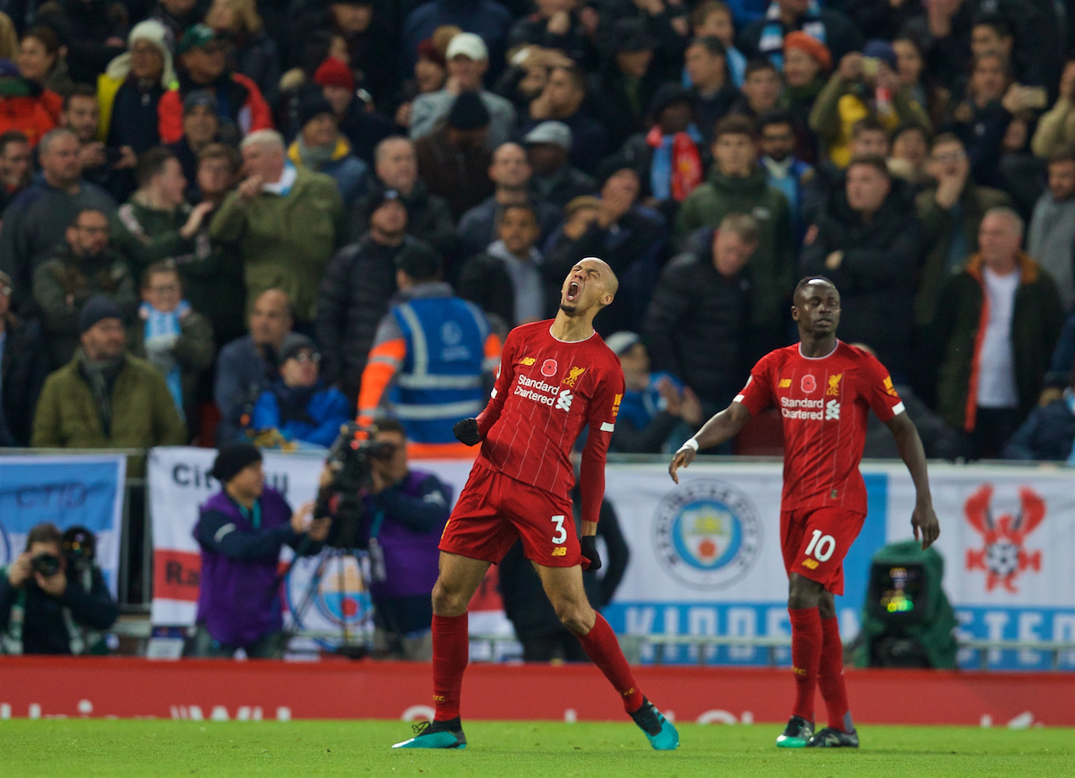 LIVERPOOL, ENGLAND - Sunday, November 10, 2019: Liverpool's Fabio Henrique Tavares 'Fabinho' celebrates scoring the first goal during the FA Premier League match between Liverpool FC and Manchester City FC at Anfield. (Pic by David Rawcliffe/Propaganda)