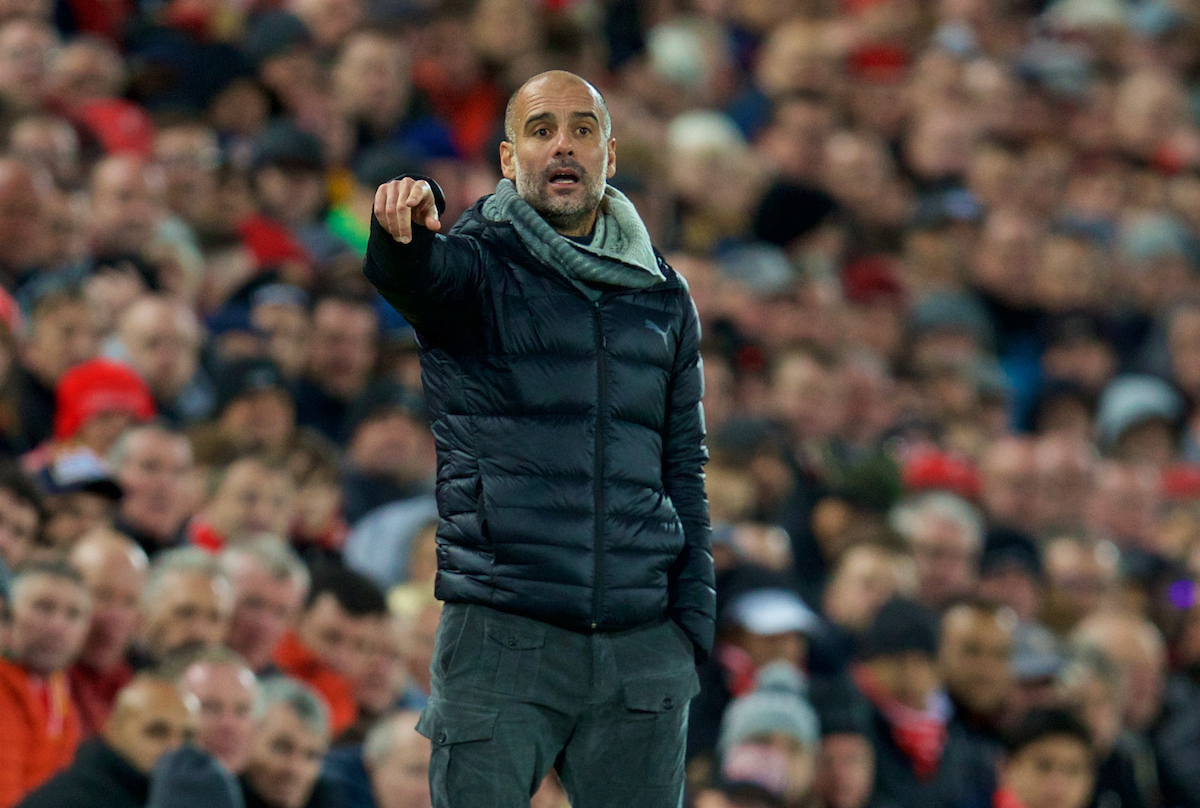 LIVERPOOL, ENGLAND - Sunday, November 10, 2019: Manchester City's head coach Pep Guardiola reacts during the FA Premier League match between Liverpool FC and Manchester City FC at Anfield. (Pic by David Rawcliffe/Propaganda)