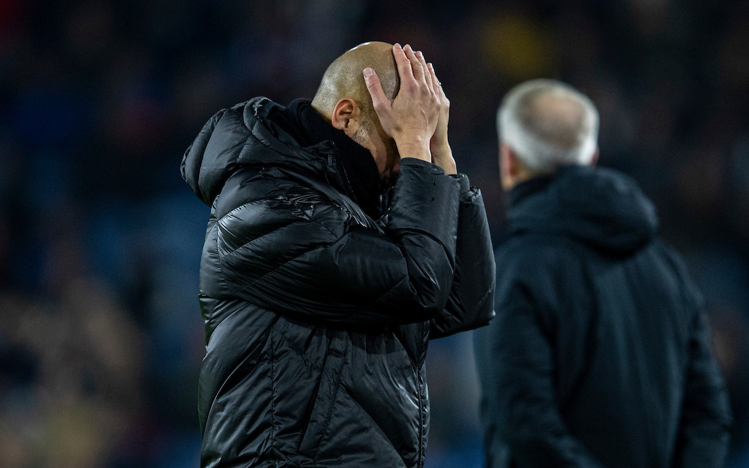 BURNLEY, ENGLAND - Tuesday, December 3, 2019: Manchester City's manager Pep Guardiola looks dejected during the FA Premier League match between Burnley FC and Manchester City FC at Turf Moor. (Pic by David Rawcliffe/Propaganda)