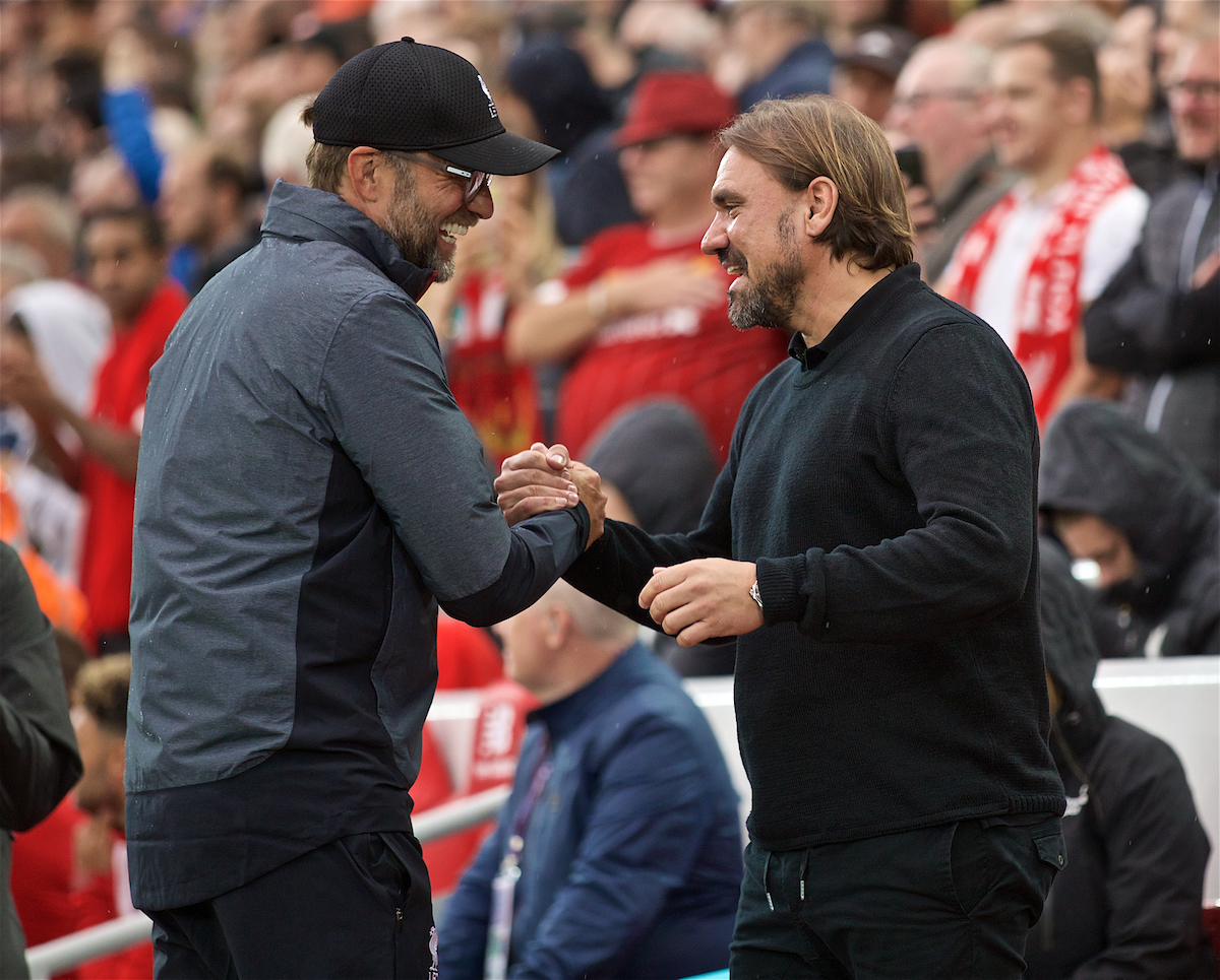 LIVERPOOL, ENGLAND - Friday, August 9, 2019: Liverpool's manager Jürgen Klopp and Norwich City's head coach Daniel Farke during the opening FA Premier League match of the season between Liverpool FC and Norwich City FC at Anfield. (Pic by David Rawcliffe/Propaganda)