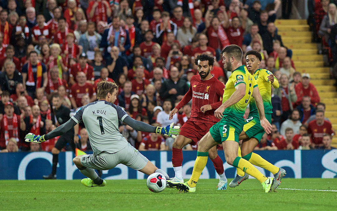LIVERPOOL, ENGLAND - Friday, August 9, 2019: Liverpool's Mohamed Salah scores the second goal during the opening FA Premier League match of the season between Liverpool FC and Norwich City FC at Anfield. (Pic by David Rawcliffe/Propaganda)