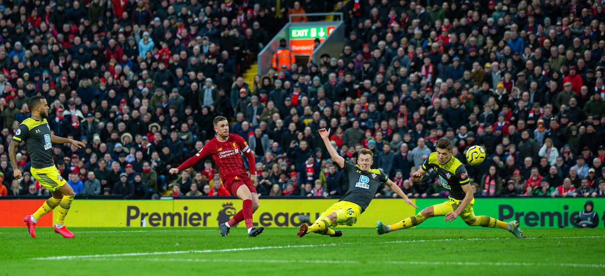LIVERPOOL, ENGLAND - Saturday, February 1, 2020: Liverpool's captain Jordan Henderson scores the second goal during the FA Premier League match between Liverpool FC and Southampton FC at Anfield. (Pic by David Rawcliffe/Propaganda)
