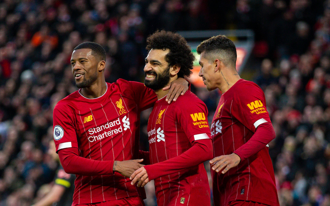 LIVERPOOL, ENGLAND - Saturday, February 1, 2020: Liverpool's Mohamed Salah (C) celebrates scoring the third goal with team-mates Georginio Wijnaldum (L) and Roberto Firmino (R) during the FA Premier League match between Liverpool FC and Southampton FC at Anfield. (Pic by David Rawcliffe/Propaganda)