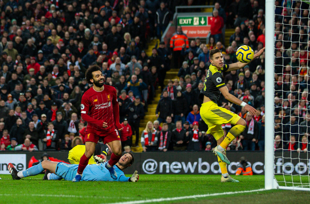LIVERPOOL, ENGLAND - Saturday, February 1, 2020: Liverpool's Mohamed Salah scores the fourth goal during the FA Premier League match between Liverpool FC and Southampton FC at Anfield. (Pic by David Rawcliffe/Propaganda)