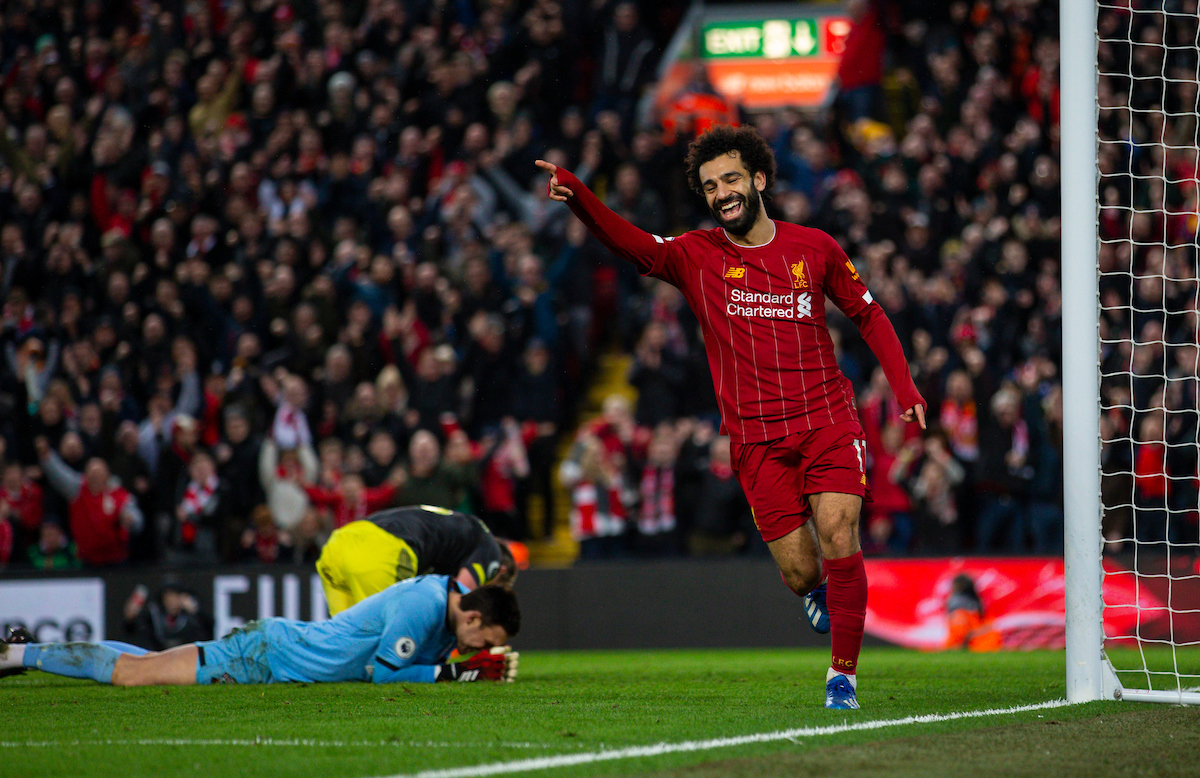 LIVERPOOL, ENGLAND - Saturday, February 1, 2020: Liverpool's Mohamed Salah celebrates scoring the fourth goal during the FA Premier League match between Liverpool FC and Southampton FC at Anfield. (Pic by David Rawcliffe/Propaganda)