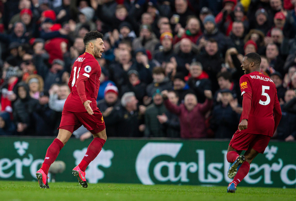 LIVERPOOL, ENGLAND - Saturday, February 1, 2020: Liverpool's Alex Oxlade-Chamberlain (L) celebrates scoring the first goal with team-mate Georginio Wijnaldum during the FA Premier League match between Liverpool FC and Southampton FC at Anfield. (Pic by David Rawcliffe/Propaganda)
