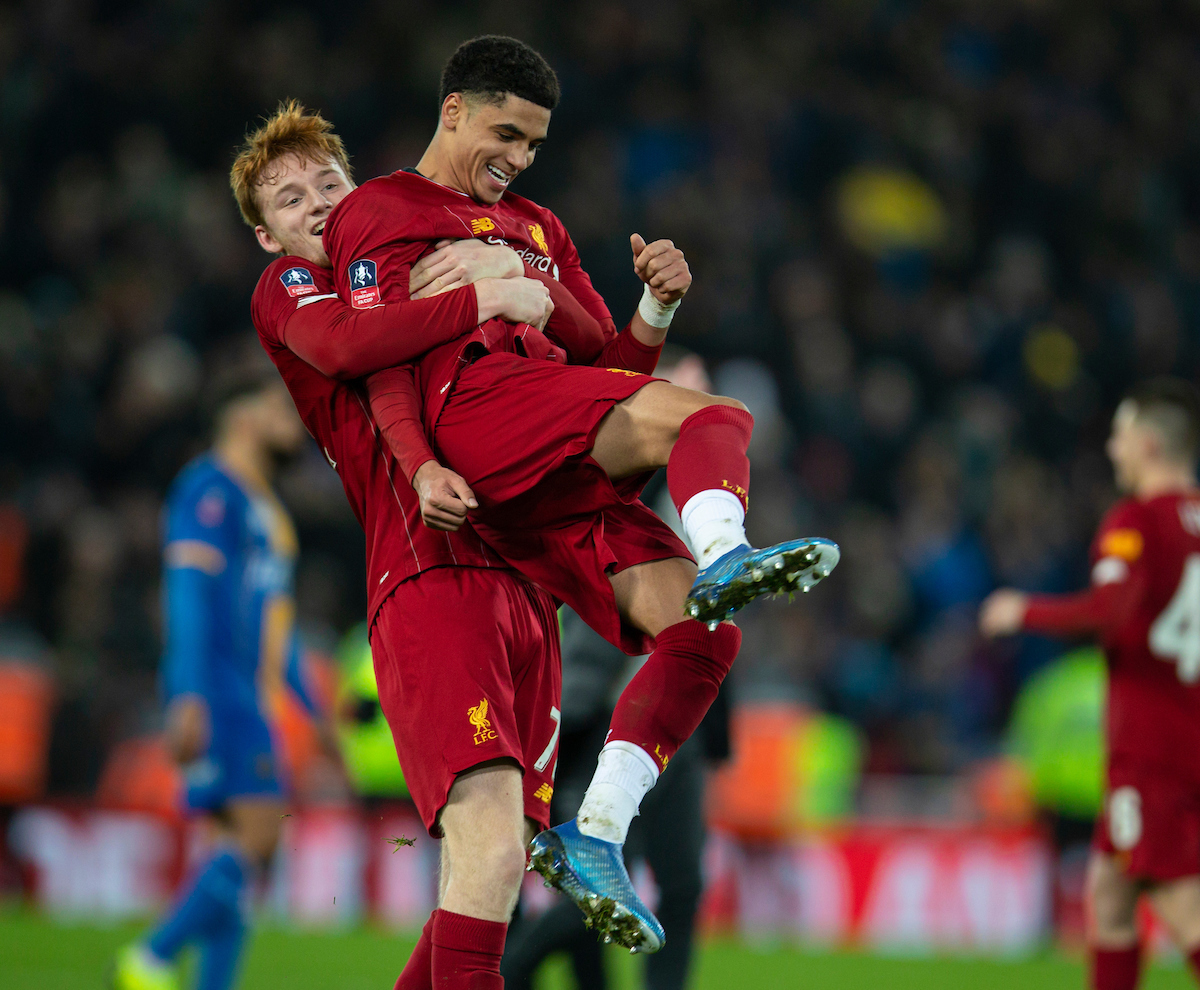 LIVERPOOL, ENGLAND - Tuesday, February 4, 2020: Liverpool's Sepp Van Den Berg (L) and Ki-Jana Hoever (R) celebtate after the FA Cup 4th Round Replay match between Liverpool FC and Shrewsbury Town at Anfield. Liverpool won 1-0. (Pic by David Rawcliffe/Propaganda)