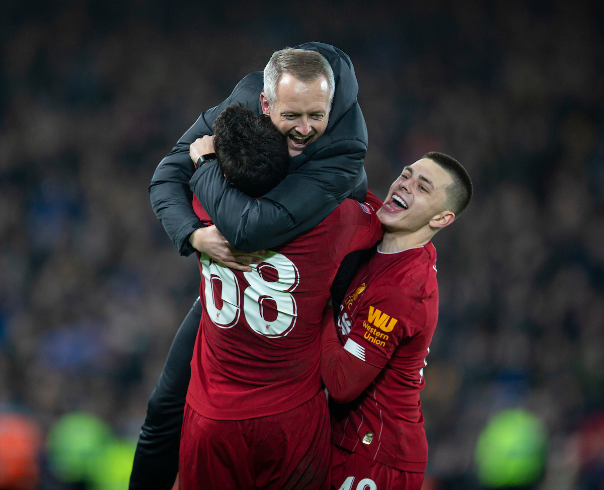 LIVERPOOL, ENGLAND - Tuesday, February 4, 2020: Liverpool's Adam Lewis (R) and Pedro Chirivella (L) celebrate with Under-23 manager Neil Critchley (C) after the FA Cup 4th Round Replay match between Liverpool FC and Shrewsbury Town at Anfield. Liverpool won 1-0. (Pic by David Rawcliffe/Propaganda)